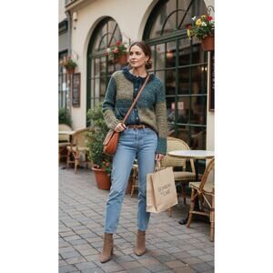 Susan Bristol Ombre Cardigan Sweater – Teal & Olive Hand Embroidered | Size L